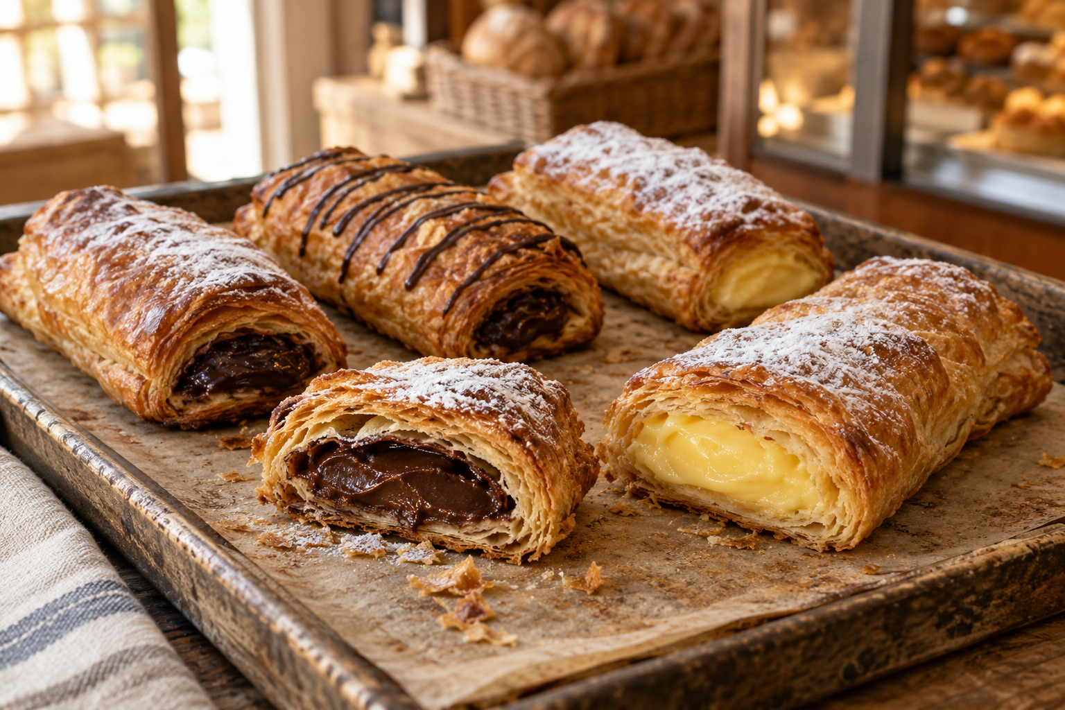 Imatge il·lustrativa de canyes de pasta de full amb xocolata i crema
